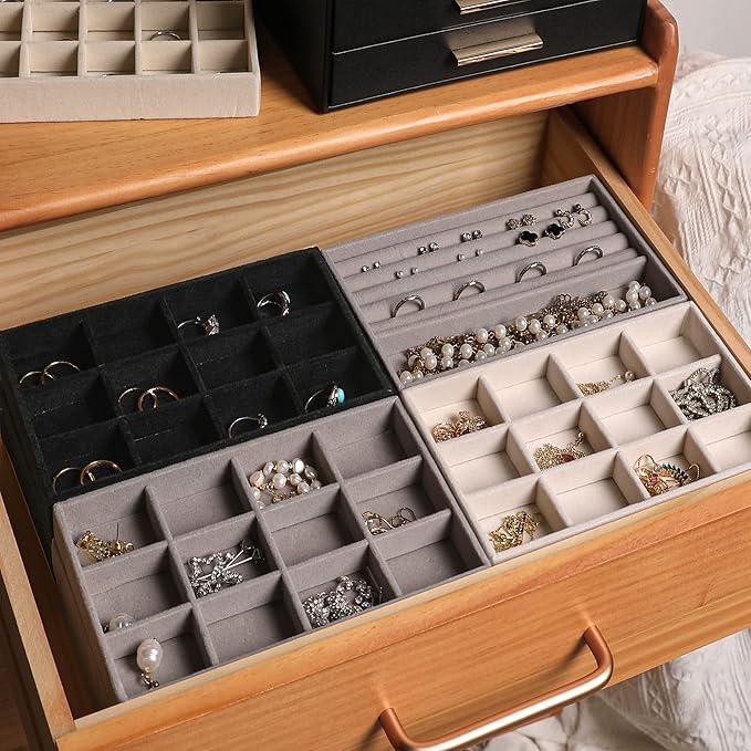 Frebeauty Jewelry Organizer Tray,Stackable Velvet Jewelry Trays,Drawer Inserts Earring Organizer For Women Jewelry Storage Display Case for Rings Stud Necklaces,Set of 6(Turquoise)
