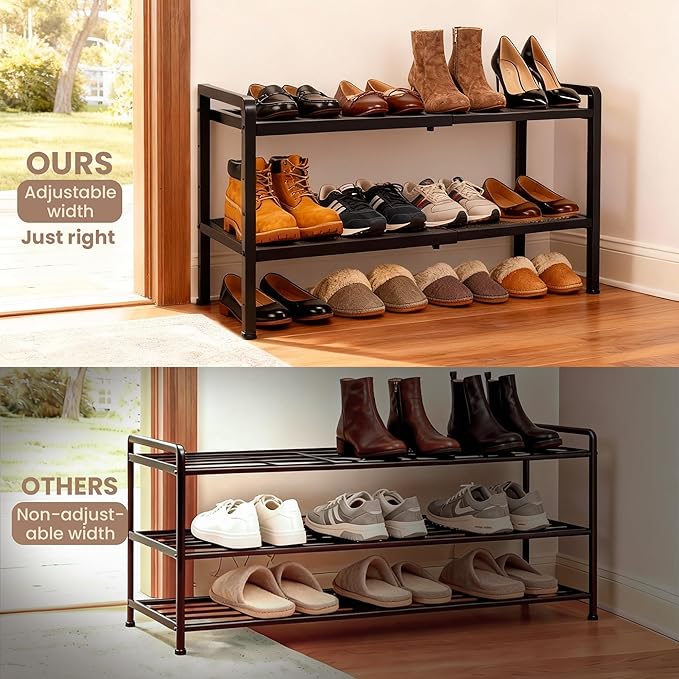 Varhomax Expandable Shoe Rack for Entryway, 2-Tier Adjustable Shoe Organizer, Sturdy Black Metal Storage Shelf for Closet, Apartment, Dorm, Small Spaces