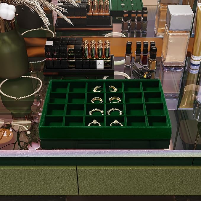24 Girds Jewelry Ring Tray Earring Organizer Tray Green Velvet Jewelry Organizer Display Trays for Ring Earrings Storage (Green)