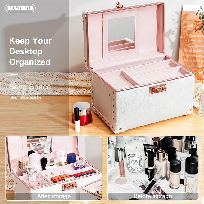 urecity Vintage Makeup Train Case with Rose Gold Hardware, White Embossed Pattern, Combination Lock Security, Portable Cosmetic Storage Box with Handle
