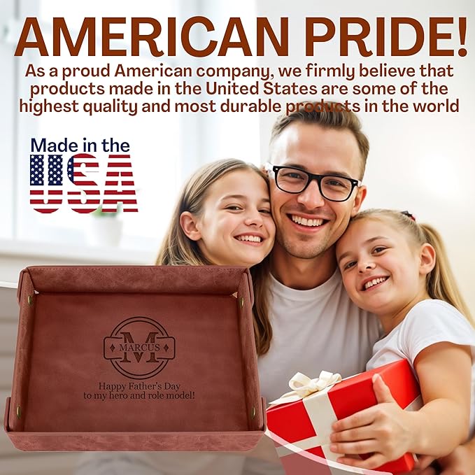 Engraved Father’s Day Leather Valet Tray – Personalized Light Coffee Catchall with Custom Name – Men’s Desk Organizer for Keys, Wallet, Watches, and Jewelry – Unique Gift from Daughter or Son