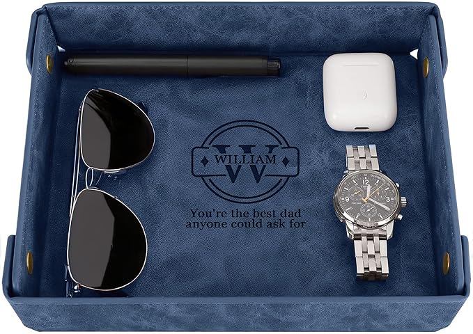 Engraved Father’s Day Leather Valet Tray – Personalized Leather Catch All with Custom Name – Men’s Valet Tray Organizer for Keys, Watches, and Jewelry – Unique Dad Gift from Daughter or Son - Blue