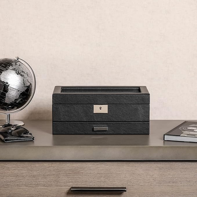 ROTHWELL 10-Slot Watch Box in Leather with Valet Drawer, Luxury Watch Case Display Organizer with Ultra Soft Microsuede Liner, Jewelry and Sunglass Holder With Large Glass top (Black/Red)