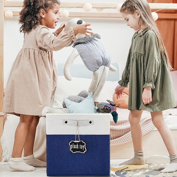11 x 11 storage cubes,Set of 4 Collapsible Fabric Storage Cubes with Labels,Linen Cube Storage Organizer Bins Kallax Storage Cubes for Organizing Home,Shelves,Nursery Toys,Clothes(White Blue).
