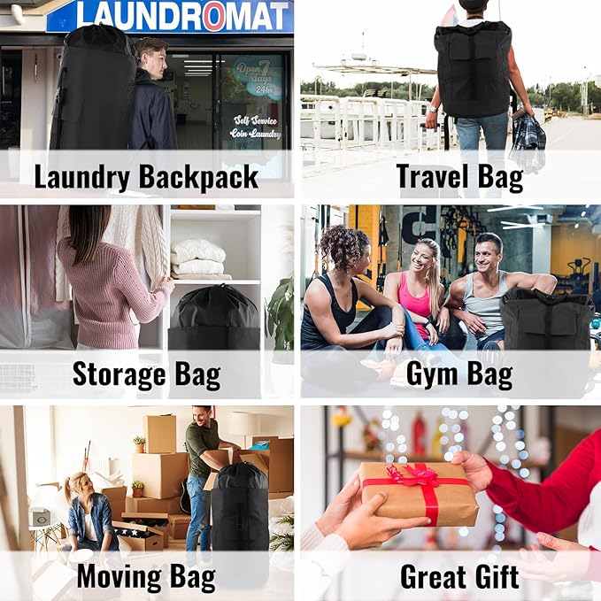Laundry Bag Backpack, 125L Extra Large Laundry Backpack with Shoulder Straps, Adjustable Extendable Laundry Hamper Bag with 3 Pockets for College, Travel, Camping (Black)