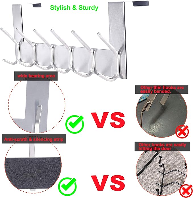SKOLOO Over The Door Hook - for Doors up to 1-3/4'' Thickness, Silver, No Assembly Required, Stainless Steel, Door Coat Rack for Entryway & Bathroom Hanging Coats, Backpack, Robes, Towels, Pack of 2