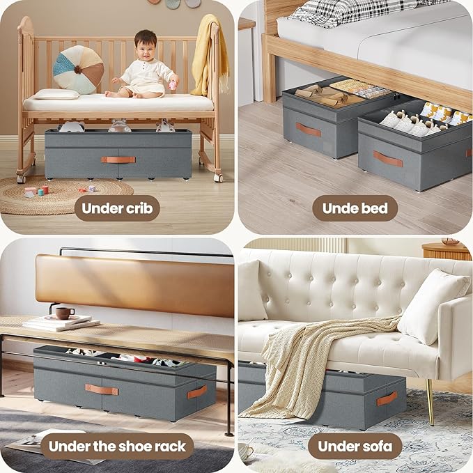 Under Bed Storage with Wheels, 2Pack 71L Under the Bed Storage Containers, Adjustable Underbed Drawer with Lids, Underbed storage Rolling Bin for Shoes, Clothes, Blankets, Grey