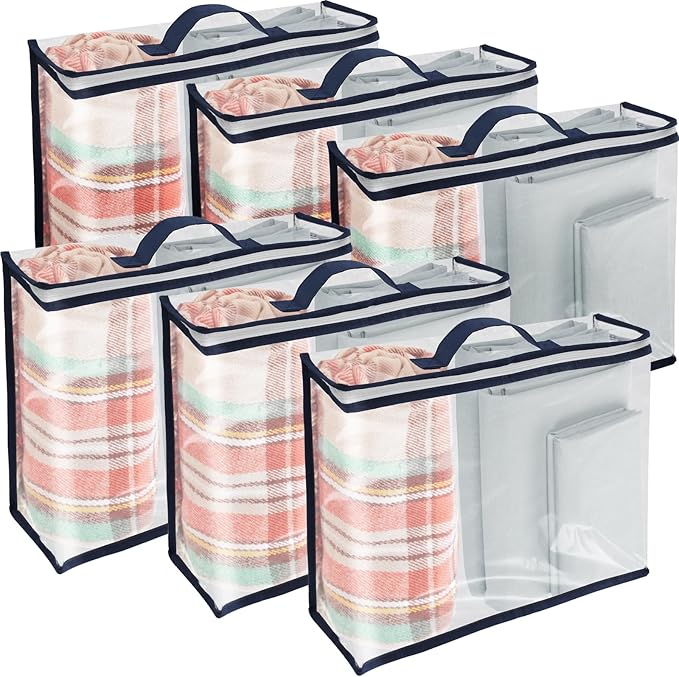 6 Packs Clear PVC Organizing Bags with Zipper Storage Bags Waterproof Dustproof Blankets Bed Sheet Storage Bag 15.7x11.8x3.9 Inch with Handle