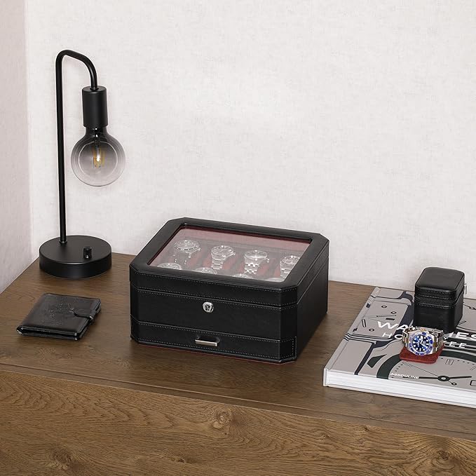ROTHWELL 8 Slot Leather Watch Box with Valet Drawer - Luxury Case Display Jewelry Organizer, Locking Display Case Holder, Real Glass Top - Watch Box Organizer for Men & Women (Black/Red)