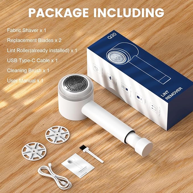 Fabric Shaver Electric Fuzz Remover, 2 in 1 Rechargeable Sweater Shaver with Lint Roller, Magnetic Cap, Digital Display, 2 Extra Blades, Defuzzer for Clothing Furniture Couch - White