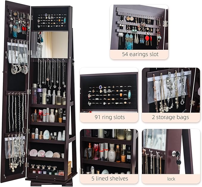 Bonnlo 360° Swivel Jewelry Mirror Cabinet with Inside Makeup Mirror,Full Length Mirror with Jewelry Storage, Lockable Standing Jewelry Armoire Organizer, Espejo Oon Almacenamiento for Bedroom,Brown