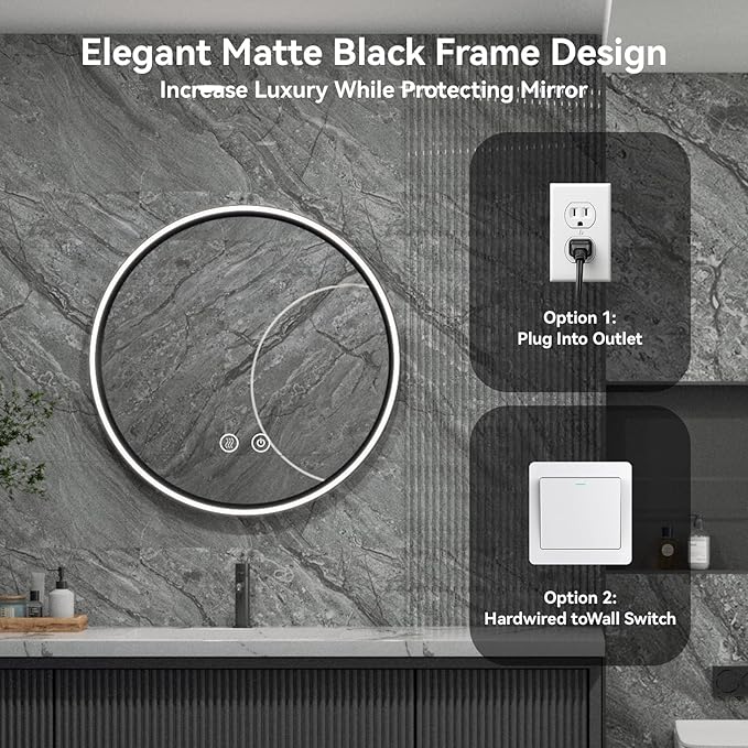 Led Bathroom Mirror with Lights, 30'' Round Heavy Duty Aluminum Frame Bathroom Vanity Mirror with Lights, 3 Colors, Brightness Stepless Dimmable, Anti-Fog, Memory Function, Single LED Black