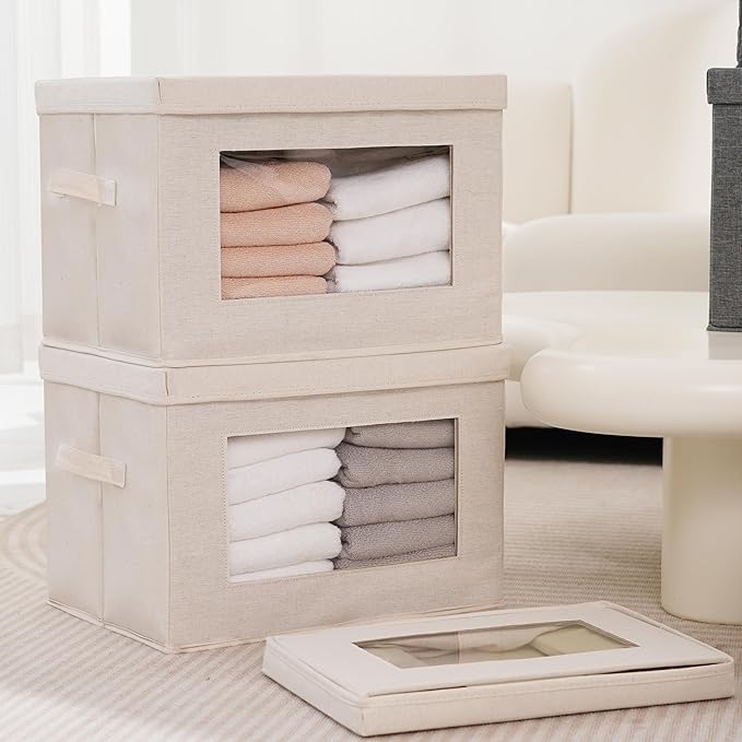 3-Pack Storage Bins with Lids, Fabric Foldable Storage Bins with Soft Cord Handles, Canvas Storage Bin with Lid for Organizing Clothes, Blankets and Books, Beige