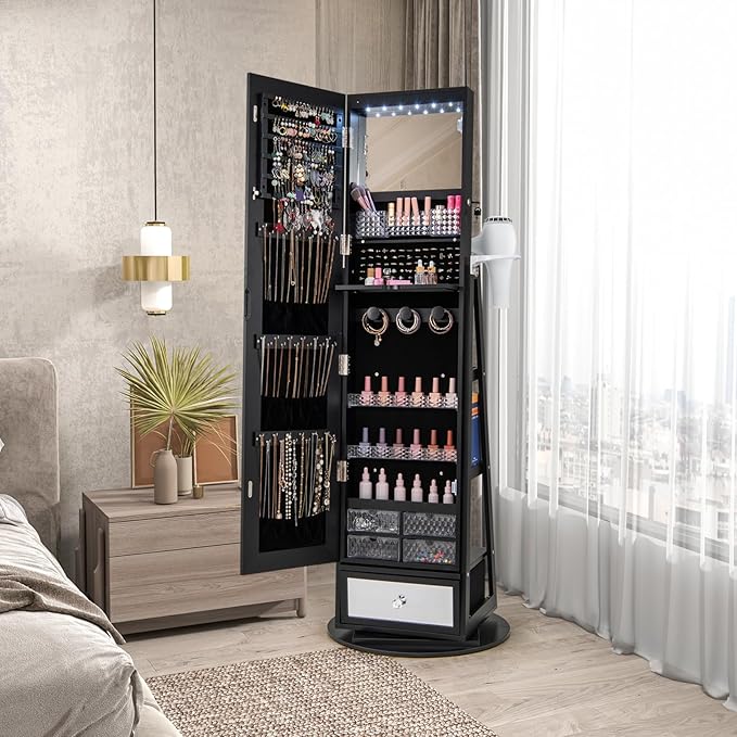 CHARMAID 360° Swivel Jewelry Cabinet Armoire 64.5" H, Full Length Mirror with Jewelry Storage, 6 LEDs Lockable Jewelry Organizer, Rear Storage Shelves, Large Drawer, Hairdryer Holder (Black)
