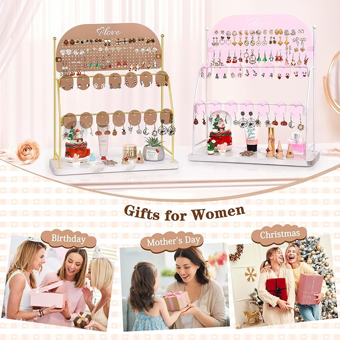 Keebofly Acrylic Earring Organizer Stand with 14 Hooks, Cute Girly Earring Holder for Girls/Teens/Kids โ Jewelry Display for Vendors, Vanity Desk Stores Studs/Hoops/Dangles/Necklaces/Bracelets Glod