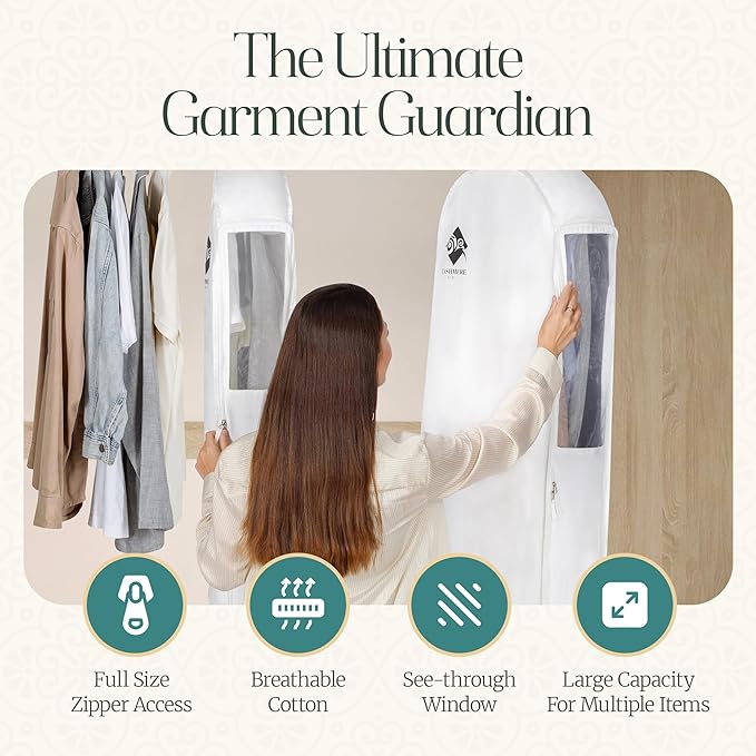 Premium 60” Cotton Garment Bag For Hanging Clothes And Storage | Wide 6” Gusset & 4 Cedar Blocks For Fresh Smell And Clothes Protection | Best For Fur Coats, Long Dresses, Gowns, Tuxedos and more