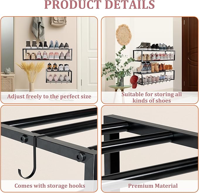 4 Pack Expandable Wall Mounted Shoe Rack, 17"-31" Adjustable Hanging Shoe Rack Holds 32 Pairs, Heavy Duty Metal Shoe Holder with 8 Storage Hooks, Space Saving for Entryway Closet Doorway(Black