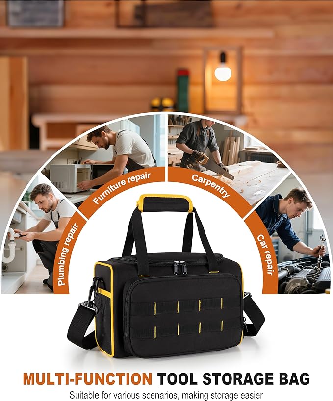12-inch Tool Bag with Multiple Pockets, Heavy Duty Tool Tote for Men, Black