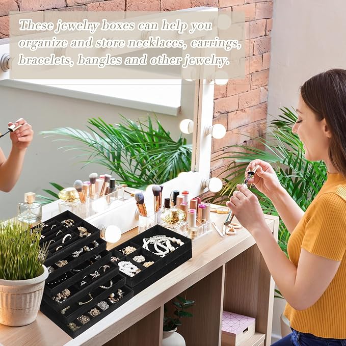 Junkin 18 Pcs Velvet Jewelry Tray Stackable Jewelry Drawer Organizer Jewellery Box Divided Display Tray for Earring Bangle(Black)