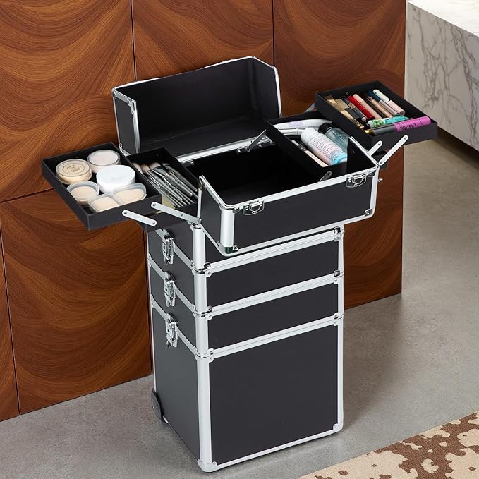 Makeup Rolling Train Case - Professional Cosmetics Organizer with Aluminum Frame, Folding Trays & Wheels, Portable for Travel & Studio (Black)