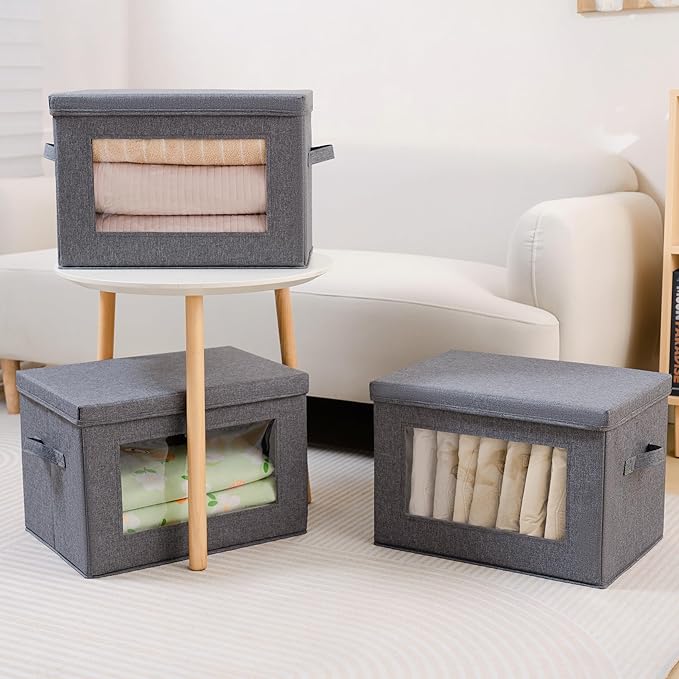 3-Pack Collapsible Storage Bins with Lids, Linen Fabric Foldable Storage Boxes, Cube Closet Organization for Clothes, Blankets, Books, Gray