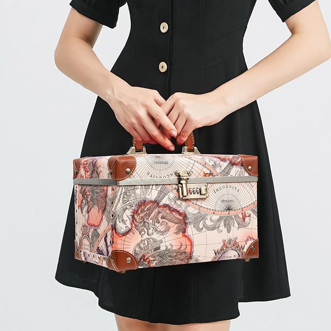 urecity Vintage Makeup Train Case with Metal Combination Lock, World Map Pattern Artificial Leather, Desktop Cosmetic Organizer Storage Box