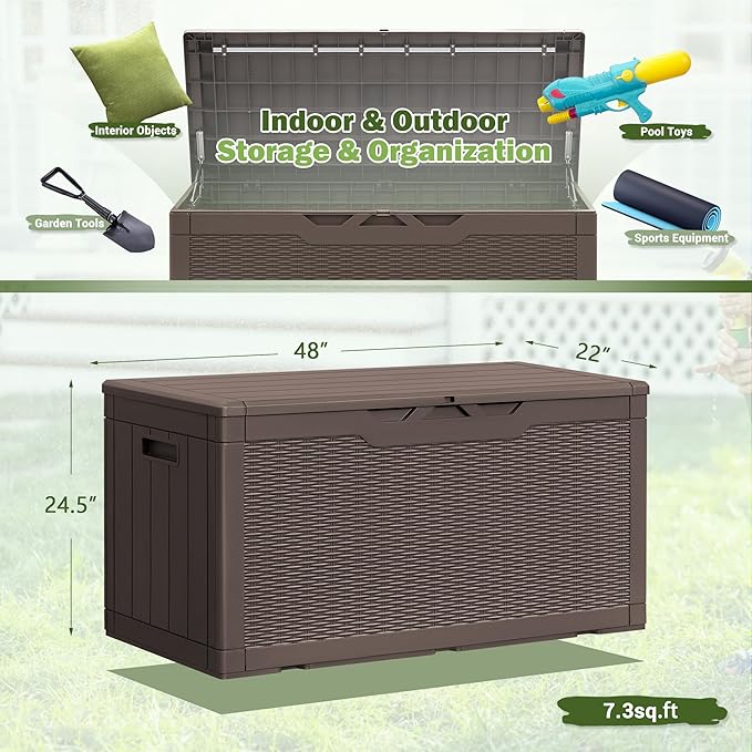 Homall 100 Gallon Deck Box Large Resin Waterproof Outdoor Storage Box with Padlock and Built-in Handles Storage Container for Cushions, Toys and Garden Tools (Deep Brown)