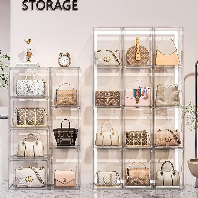 Purse Storage Organizer for Closet 3 Packs Clear Handbag Storage Organizer Acrylic Display Case with Adjustable Divider for Collectibles, Stackable Bag Organizer for Wallet, Figure, XXX-Large