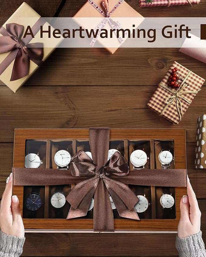 Uten Watch Box with 12 Slots, Watch Case Organizer with Golden Lock and Key, Wooden Watch Display Storage Box with Removable Watch Cushions, Velvet Lining, Metal Clasp