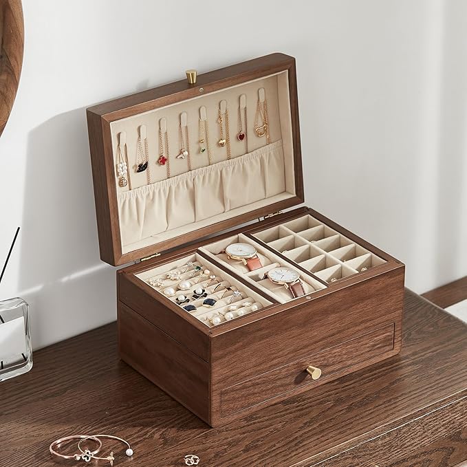 Wooden Jewelry Box for Women, 3 Level Multi-functional Drawers Black Walnut Jewelry Organizer Box, Watch, Necklace, Ring, Earring Storage - Valentine's Day Gifts (No Mirror)