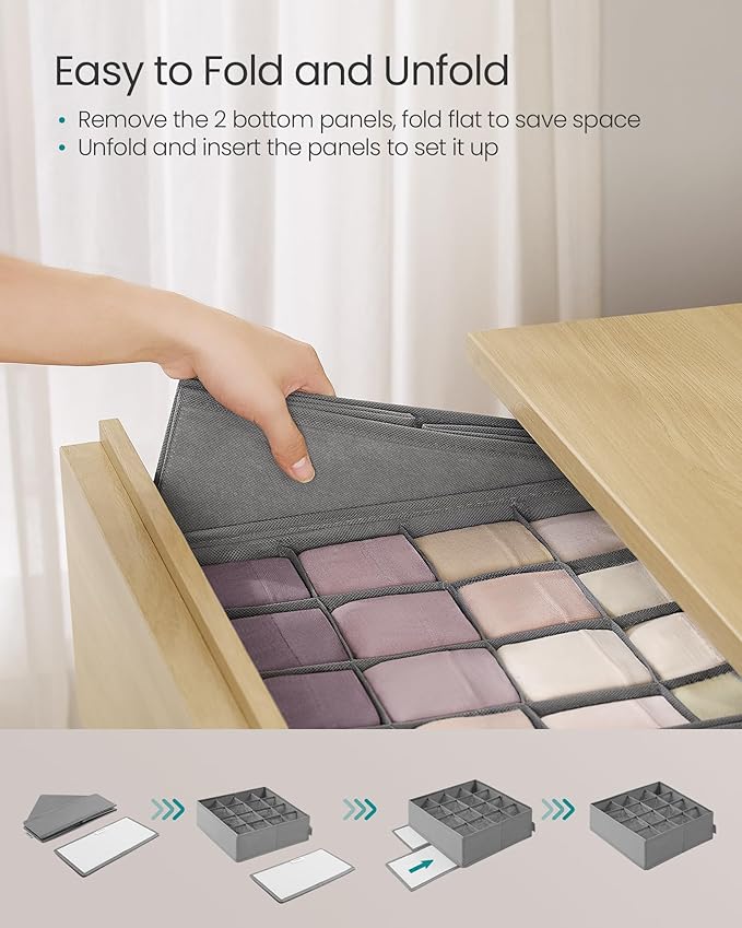 SONGMICS 4 Pack Drawer Organizers, 80 Cells (2x16+2x24), Foldable Dividers, 11.8 x 11.8 x 3.9 Inches, for Socks, Underwear, Ties, Belts, Dove Gray URUS011G01