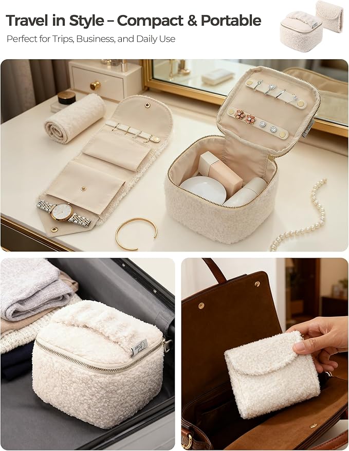 Travel Jewelry Case, 2-In-1 Small Jewelry Organizer Travel Jewelry Storage with Foldable Jewelry Roll for Earrings Rings Makeup, Travel Essentials Gifts for Women Girl,Cream White