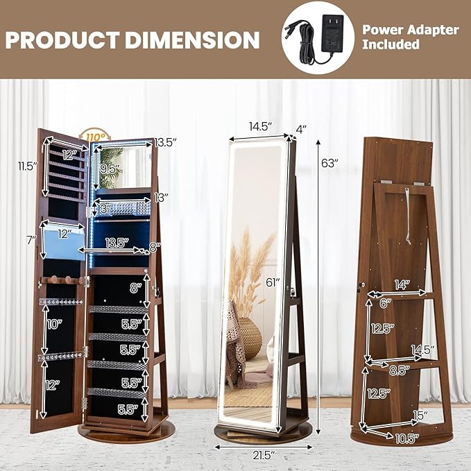 CHARMAID 360° Rotating Jewelry Armoire with LED Lighted Full Length Mirror & Built-in Vanity Mirror, Lockable Standing Jewelry Cabinet with Lights, Large Storage Organizer for Jewelry (Walnut)