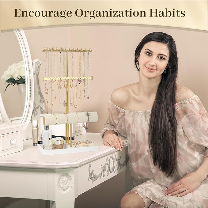 Tirzah 3-Tier Adjustable Jewelry Holder Organizer Stand with 20 Necklace Hooks, 18 Earring Holes and Notches, Bracelet Holder, 6 Ring Rolls, Jewelry Tray for Girls, Women