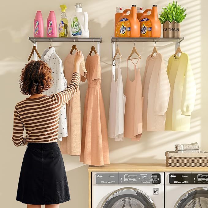 Wall Mounted Laundry Drying Rack, 29.92 inch Retractable Clothes Drying Rack, Foldable Laundry Rack Indoor with 6 Smooth Round Stainless Steel Rods, Space Saving for Laundry Room, Bathroom, Apartments