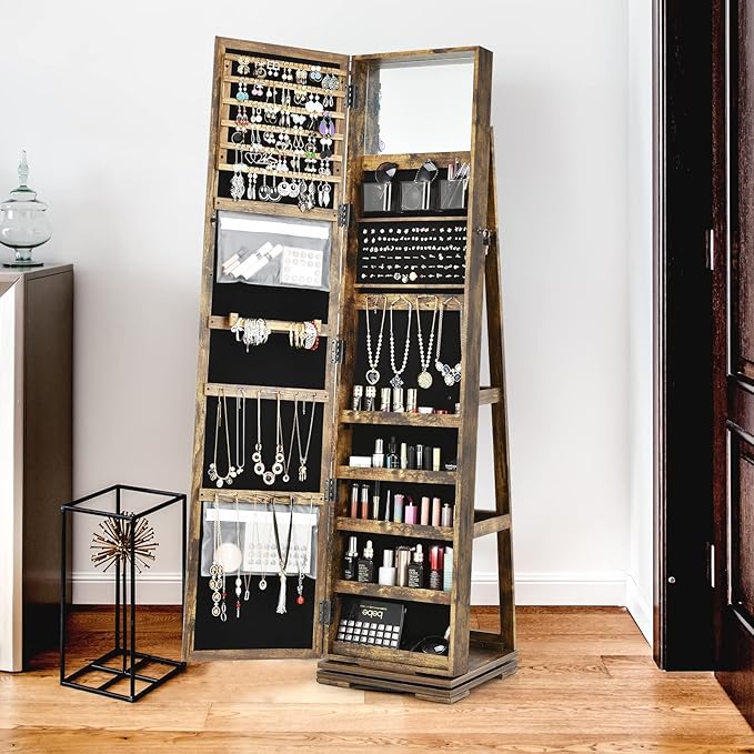360° Swivel LED Mirror Jewelry Cabinet with Full Length Mirror, Lockable Floor Standing Mirrored Jewelry Armoire Organizer w/Inside Makeup Mirror & Back Storage Shelves (Rustic Brown)