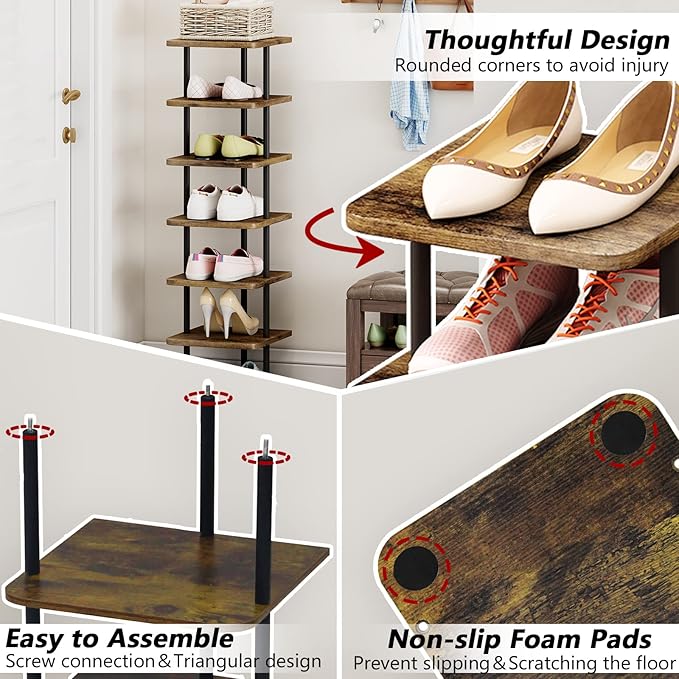 AZERPIAN Shoe Rack 9 Tier Vertical Storage Organizer Narrow Metal Slim Shelf Modern Free Standing Shoe Tower Saving Space for Closet Entryway Bedroom,Black+Rustic Brown