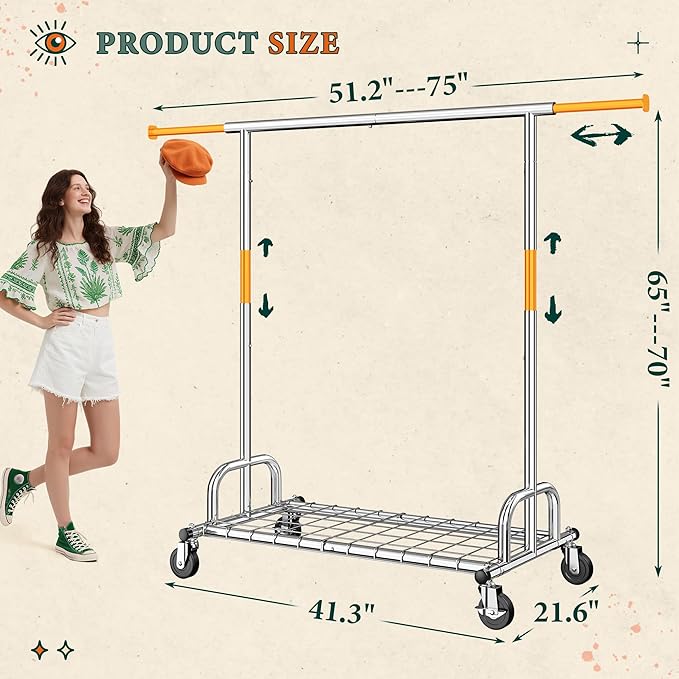 Raybee 75" W Heavy Duty Clothes Rack, 530 LBS Clothing Racks for Hanging Clothes, Rolling Clothing Rack with Sturdy Wheels, Metal Garment Rack for Bedroom, Laundry Room, Retail Store, Chrome