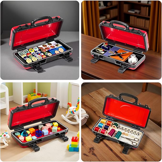 11”Red Tools Box, Portable Steel Heavy-duty Tool Case with Safety Latch and Handle for Tools Storage and Organizers, Home DIY