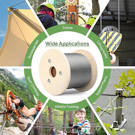 NEREUS 1/4" Stainless Steel Cable 250FT, 7x19 Strand Heavy-Duty Wire Rope with Clamps & Thimbles, 6400 lbs Breaking Strength for Backyard Zipline, Deck Railing, Clothesline and Outdoor Use