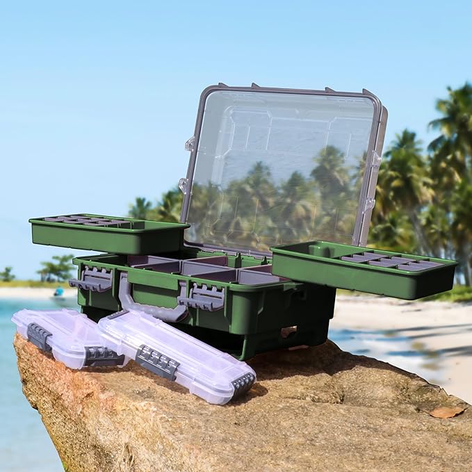 RUNCL Universal Fishing Tackle Box with Two Small Tackle Tray, Removal Inside Design Waterproof Trunk Storage Box, Thicker Floating Airtight Stowaway, Xmas Surprise Fishing Gifts for Men Women