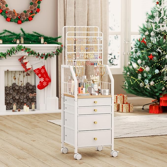 SWTYMIKI Large Jewelry Organizer Stand - Multifunctional Rack Tower for Necklace, Earring, Ring & Bracelet Display - Moveable Storage Jewelry Holder Stand with 4 Nonwoven Drawers for Bedroom White