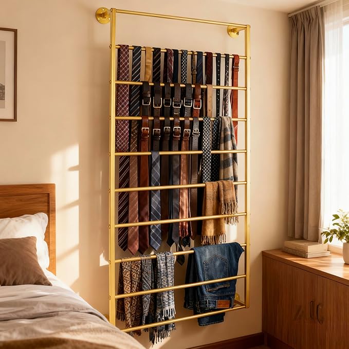 10-Layer Wall Mounted Display Rack, Tie & Scarf Rack Belt Towel Holder Wrapping Paper Ribbon Organizer Metal Shelving Scarves Belts Necktie Hijab Stand for Home, Retail Stores, Flower Shop
