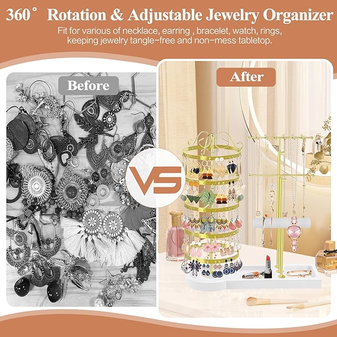 Jewelry Earring Holder Organizer, Adjustable 5 Tiers Rotating Earring Holder 3 Tier Necklace Holder with Wooden Base, Multi-Functional Jewelry Organizer Display Stand for Studs Bracelet Women(Gold)