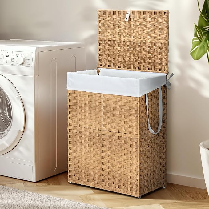 90L Laundry Hamper with Lid, Hand-Woven Pp Rattan Laundry Basket with Compartments & Handles, Removable Liner Bags,Foldable, Narrow Dirty Clothes Basket, Yellow