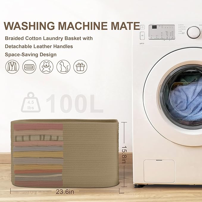 100L Extra Large Wicker Laundry Basket for Living Room Storage,Boho Woven Cotton Rope Baskets for Kids Toy,Gifts,Square Blanket Hamper for Bedroom Dirty Clothes,Jute