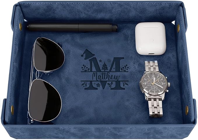 Engraved Christmas Blue Leather Valet Tray – Personalized Rectangle Catchall Organizer for Wallet, Keys, and Jewelry – Gift for Men, Dad, Couples – Dresser Top or Coffee Table Tray Decor