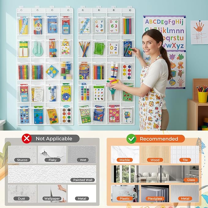 2 Pack Classroom Headphone Storage Organizer with 40 Pockets, PVC Clear Headphone Holder for Classroom Storage Office School Teaching Aids Storage Home Over-the-Door Hanging Bag with 102 Labels (2pcs)