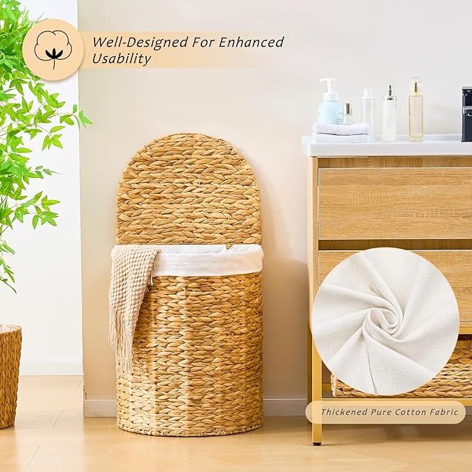 Half Round Wicker Laundry Hamper with Lid and 2 Removable Liner Bags, Handwoven Natural Water Hyacinth Laundry Basket for Dirty Clothes, Natural