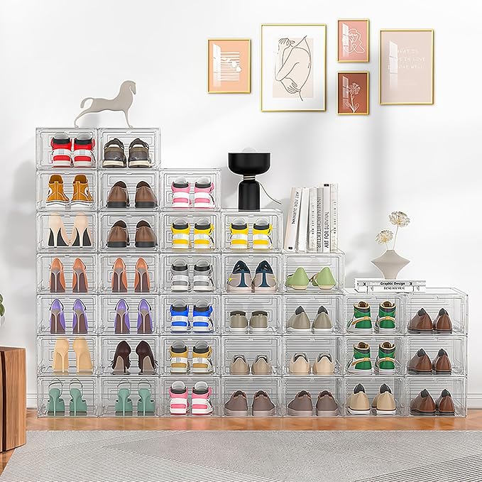 12 Pack Hard Sturdy Thickened Rigid XX Large Shoe Storage Organizer for Closet, Clear Stackable Sneaker Shoe Boxes Rack Containers Display Case Bins with Lids, White